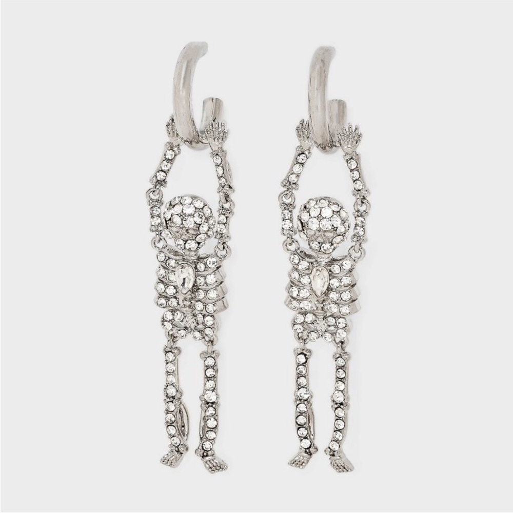 Sugarfix Baublebar Silver Skeleton Dangle  Huggie Halloween Earrings NWT